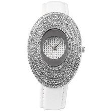 Carfenie Oval Stainless Steel Crystal Lady White Genuine Leather Quartz Wrist CFE054