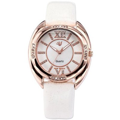 Carfenie Rose Gold Carfenie Lady White Genuine Leather Crystal Analog Dress Wrist CFE052