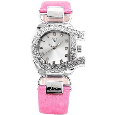 Carfenie Unique Steel Crystal Bezel Lady Pink Genuine Leather Quartz + Gift Box CFE042
