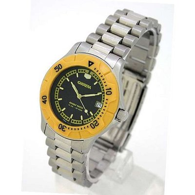 CARRERA Swiss Silver-Tone Stainless Steel Interchangable Bracelet / Resin Strap with Yellow Rotating Bezel. Model: CW520.18.8