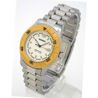 CARRERA Swiss Silver-Tone Stainless Steel Interchangable Bracelet / Resin Strap with Yellow Rotating Bezel. Model: CW520.18.6