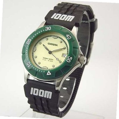 CARRERA Swiss Silver-Tone Stainless Steel with Black Resin Strap and Green Rotating Bezel. Model: CW520.17.1