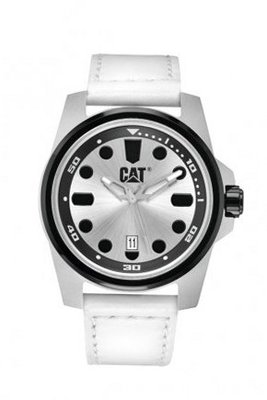 CAT Style , Silver Dial and White Leather Strap