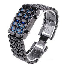 Hot Unisex Sport Lava Style Blue/Red LED Digital Samurai sword carbonized steel folded Wrist BJS9 (4-Black Blue)