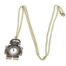 Stylish Mini Cute Bronze Robot-shaped Retro-style Pendant Pocket with Long Bronze Chain
