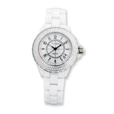 Ladies Chisel White Ceramic/White Dial CZ Bezel