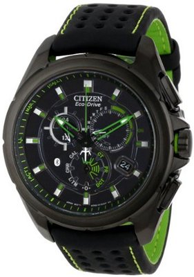 Citizen AT7035-01E "Proximity" Eco-Drive Black Ion-Plated Stainless Steel with Nylon-Lined Leather Strap and Green Accents
