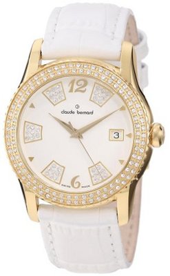 Claude Bernard 61163 37JP BD Ladies Fashion Gold PVD Swarovski White Leather