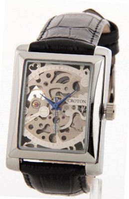Croton Skeleton Automatic Movement Sharp Silver Rectangle Dial Black Leather Ci331066bssl