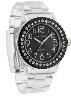 Daniel David HA0288 - Fashion - Large Transparent Band & Black Rhinestone Accented Dial