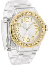 Daniel David HA0289 - Fashion - Large Transparent Band & Gold-tone Rhinestone Accented Dial