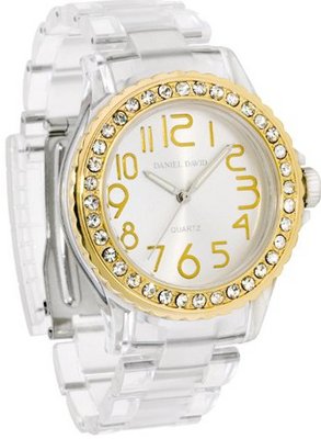 Daniel David HA0289 - Fashion - Large Transparent Band & Gold-tone Rhinestone Accented Dial