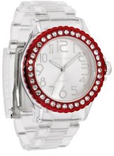 Daniel David HA0291 - Fashion - Large Transparent Band & Red Rhinestone Accented Dial