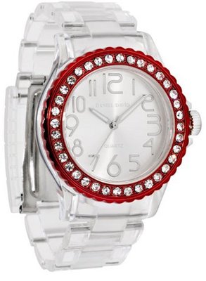 Daniel David HA0291 - Fashion - Large Transparent Band & Red Rhinestone Accented Dial