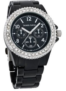 Daniel David HA0465 - Fashion - Black Plastic Band with Rhinestone-accent Black Dial - Boyfriend