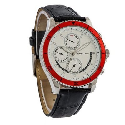 Daniel David `s DD12101 - Casual Sport - Black Crocodile Style Leather Band & Red Bezel