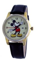 Disney #MCK870 Mickey Mouse Moving Hands Cream Gold Dial Black Leather