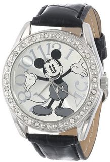 Disney Unisex MK1015 Mickey Mouse Silver Dial Black Crocodile Strap