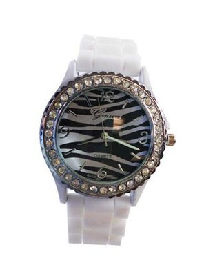 uEA Ladies Dress with White Silicone Band and Zebra Face- Fashion with Rhinestone Bezel 