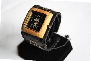 Ecowrist Classic Wood Guayacan Black Wide Leather Strap w/ Gye Nyame Stitching Unisex #WCBGyGN