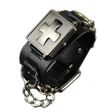 Eeleva Punk Gothic Cross Design Ladies   Genuine Leather Wrist Black
