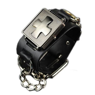Eeleva Punk Gothic Cross Design Ladies   Genuine Leather Wrist Black