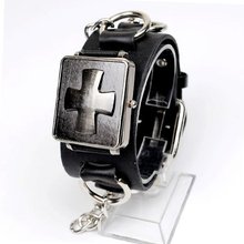 Punk Gothic Cross Design Ladies   Genuine Leather Wrist Black