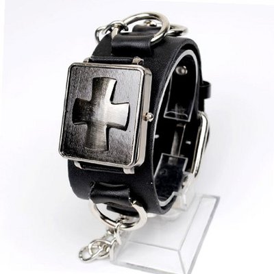 Punk Gothic Cross Design Ladies   Genuine Leather Wrist Black