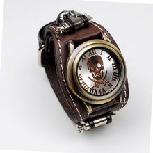 Punk Gothic Ladies   Gens Genuine Leather Wrist Rivet Chain Skull Brown