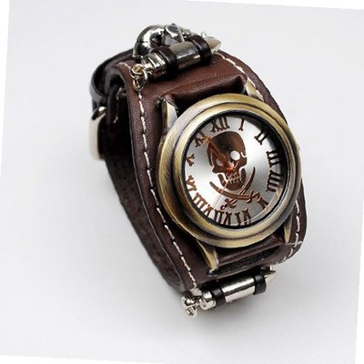 Punk Gothic Ladies   Gens Genuine Leather Wrist Rivet Chain Skull Brown