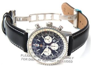 22mm Black Leather strap White Stitching on deployant buckle Fits Breitling Navitimer