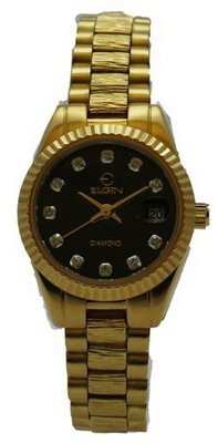 Elgin EG143 Diamond Black Analog Date Gold Plated Bracelet Style