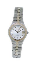 Elgin EG157N Diamond Round Mother of Pearl Date Analog with Greek Key Detail Band