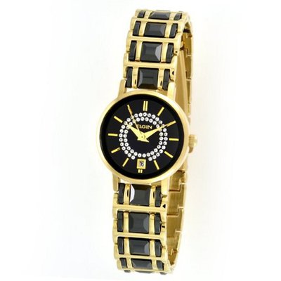 Elgin EG353 Gold-tone Black Ceramic Crystal Accented