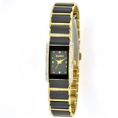 Elgin EG523G Gold-tone Black Ceramic Austrian Crystal Accented