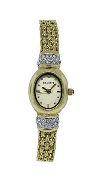 Elgin EG8011 Oval White Crystal Gold Tone Adjustable Mesh Bracelet