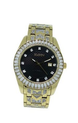 Elgin FG1509 Black Round Analog Date White Crystal Gold Tone