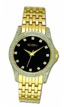 Elgin FG342 Swarovski Crystal Accented Case Gold Tone Bracelet with Black Dial
