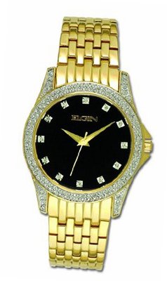 Elgin FG342 Swarovski Crystal Accented Case Gold Tone Bracelet with Black Dial