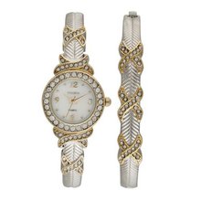 Elgin Two Tone X-Design Bangle and Bracelet Set with Crystal Accents EG9026STK