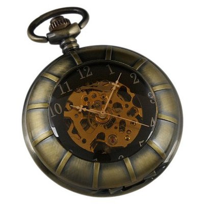 ESS Amber Front Stainless Steel Case Skeleton Mechanical Pocket with Chain WP084