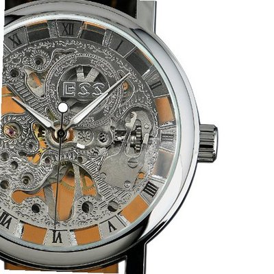 ESS Black Leather Luxury Skeleton Dial Hand-Wind Up Mechanical Wrist WM119