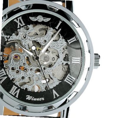 ESS Black Leather Luxury Stainless Steel Skeleton Hand-Wind Up Mechanical WM090
