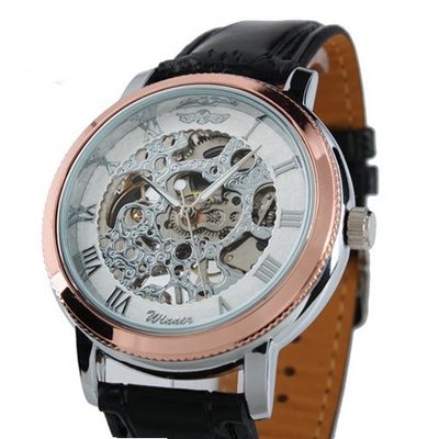 ESS Black Leather Rose Golden Case Skeleton Hand-Wind Up Mechanical WM203