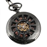 ESS Black Stainless Steel Case And Dial Antique Skeleton Hand-Wind Up Mechanical Pocket with Chain WP116