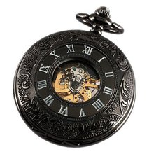 ESS Black Stainless Steel Case Skeleton Mechanical Pocket with Chain WP117