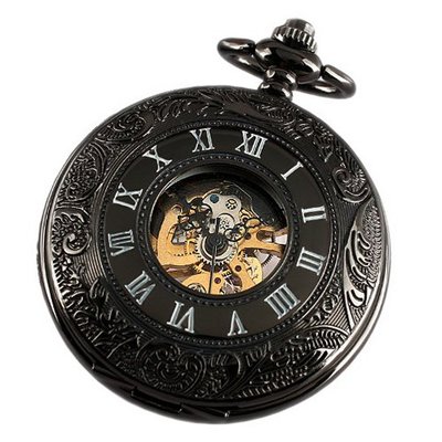 ESS Black Stainless Steel Case Skeleton Mechanical Pocket with Chain WP117