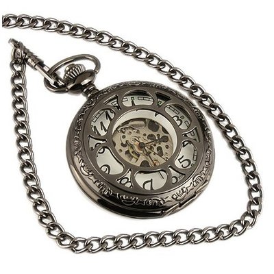 ESS Black Stainless Steel White Dial Hand-Wing Up Mechanical Pocket with Chain WP059