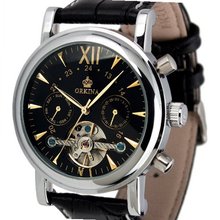 ESS Black Tourbillon Design Classic Self-Wind Up Leather Band Automatic Wrist WM306