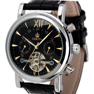 ESS Black Tourbillon Design Classic Self-Wind Up Leather Band Automatic Wrist WM306